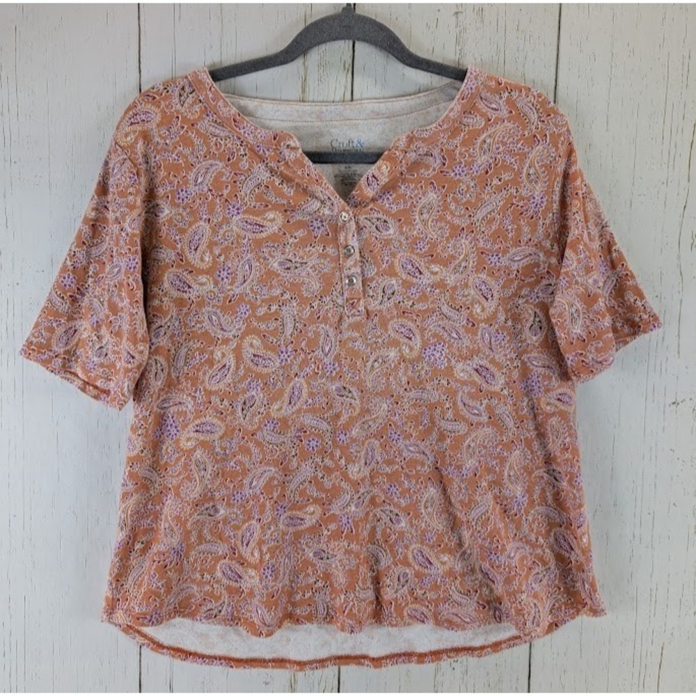 Croft Barrow Size Large Petites Orange Paisley Print‎ Short Sleeve Button Top